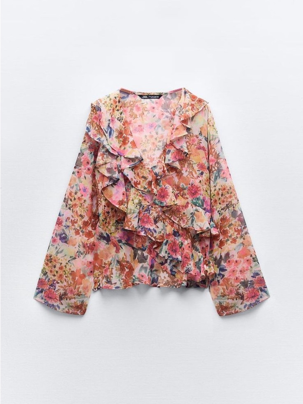 Zara - Colorful Floral Ruffle V Neck Long Sleeve Lightweight Blouse Size Medium
